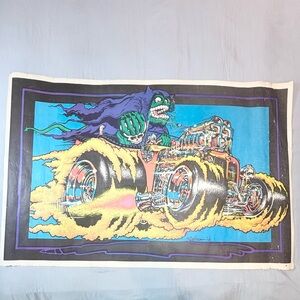 Vintage 1970s Black Light Poster Hot Rod Grim Reaper 34.75x3 Inch